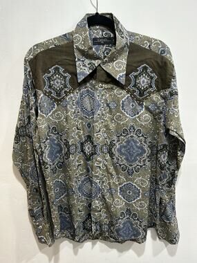western shirts for men xl Green Grey Colors Geometric Western Print